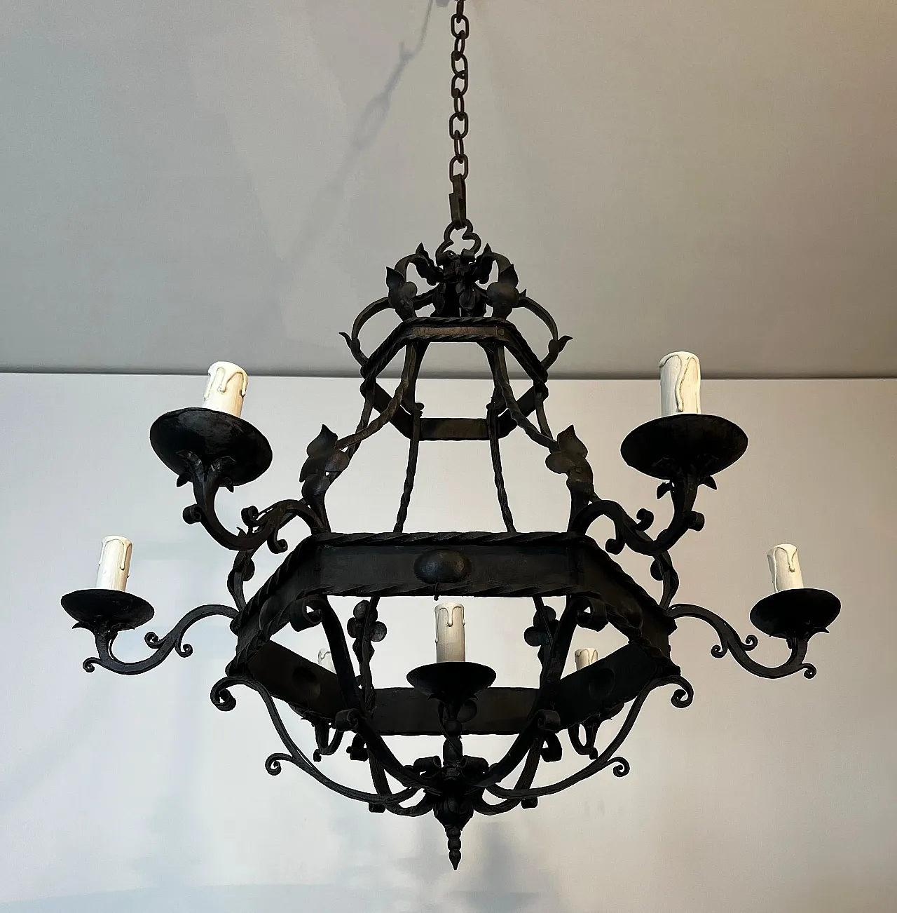 Wrought iron cage chandelier with 7 lights, 1940s 3