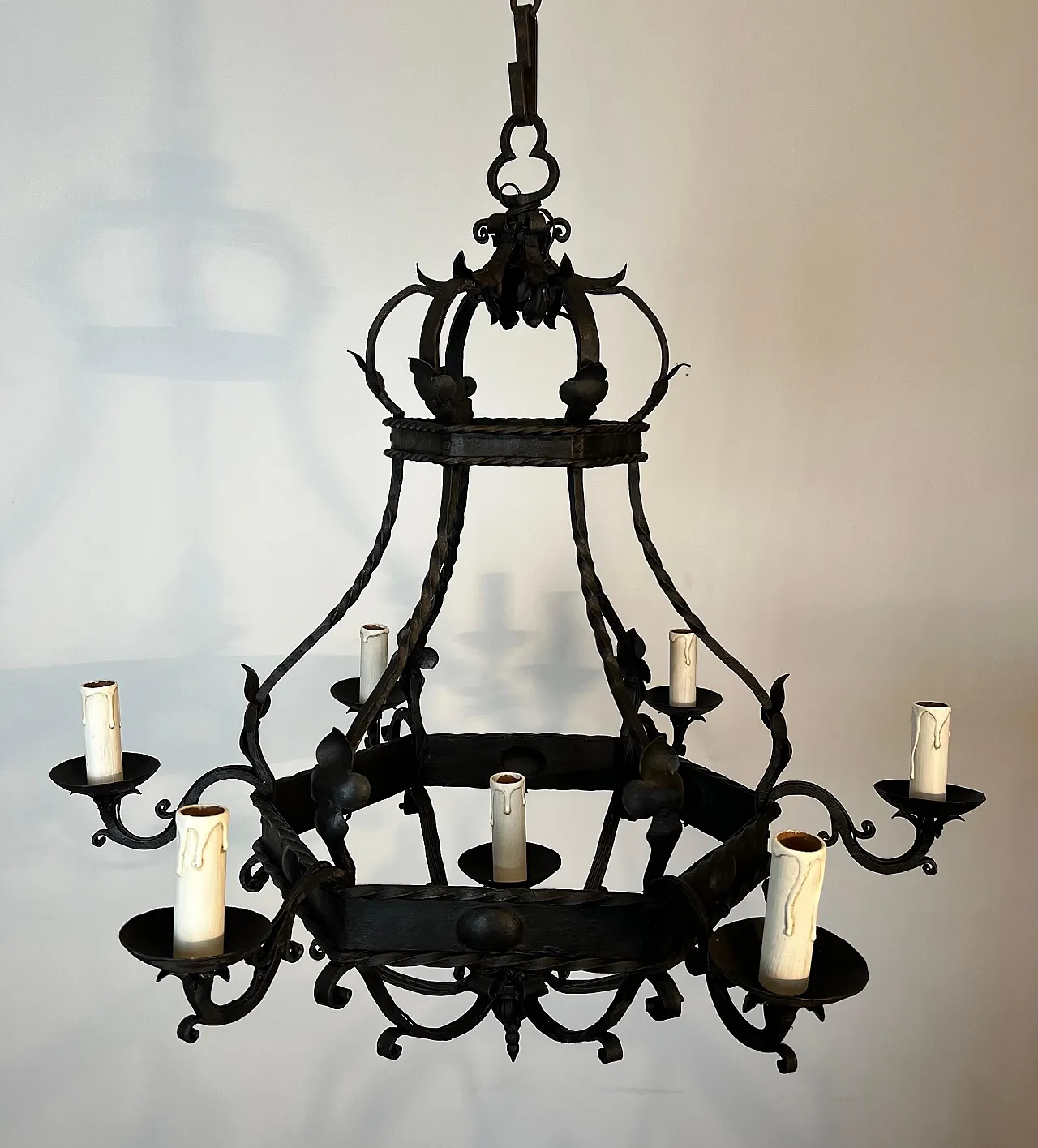 Wrought iron cage chandelier with 7 lights, 1940s 4