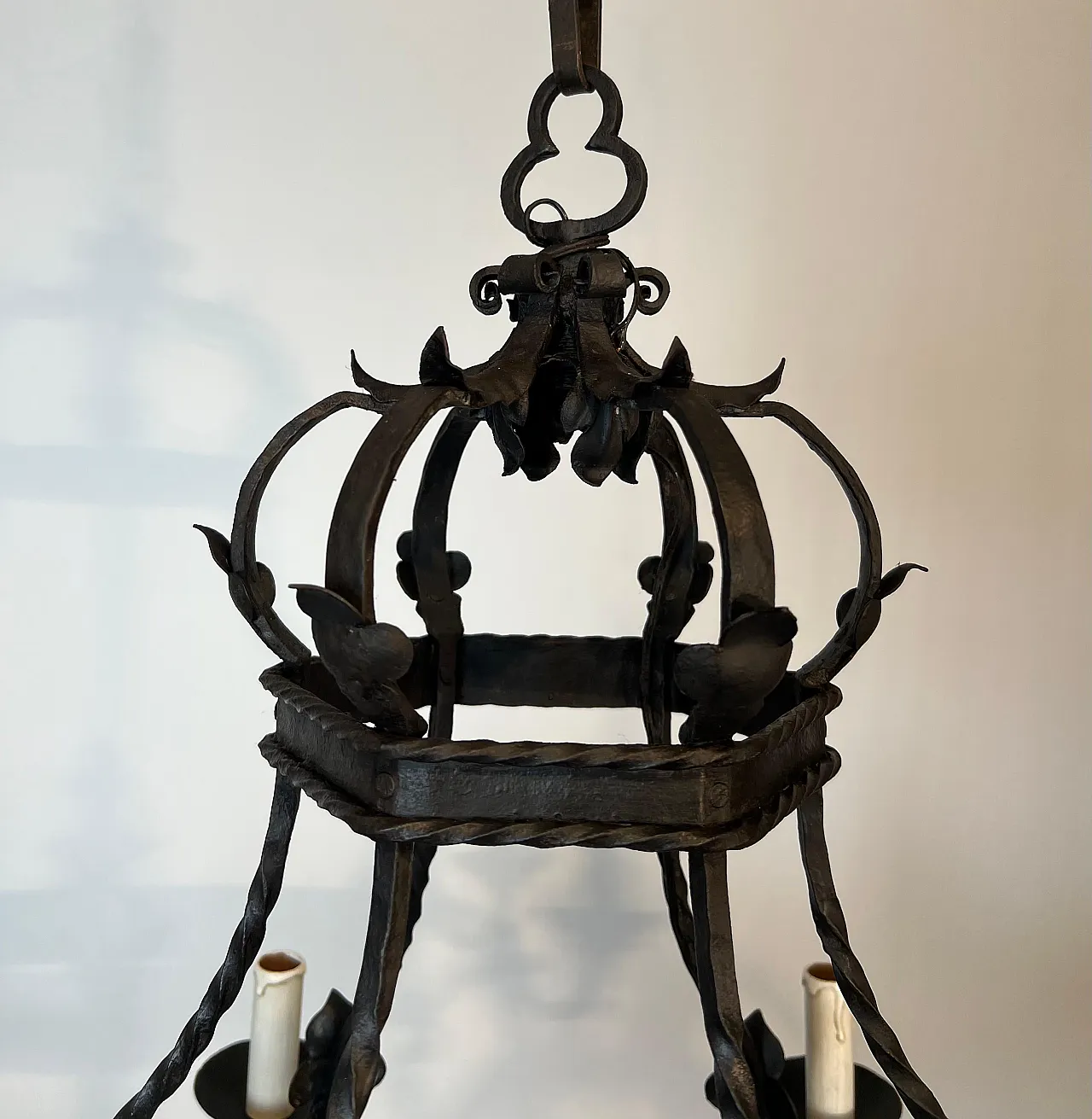 Wrought iron cage chandelier with 7 lights, 1940s 6