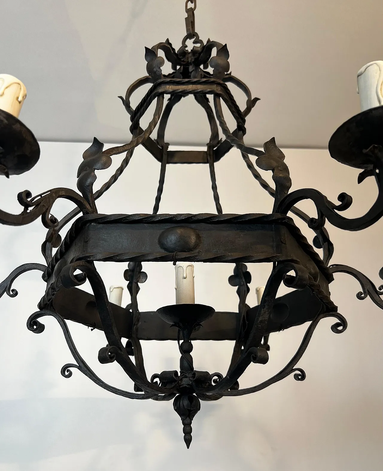 Wrought iron cage chandelier with 7 lights, 1940s 10