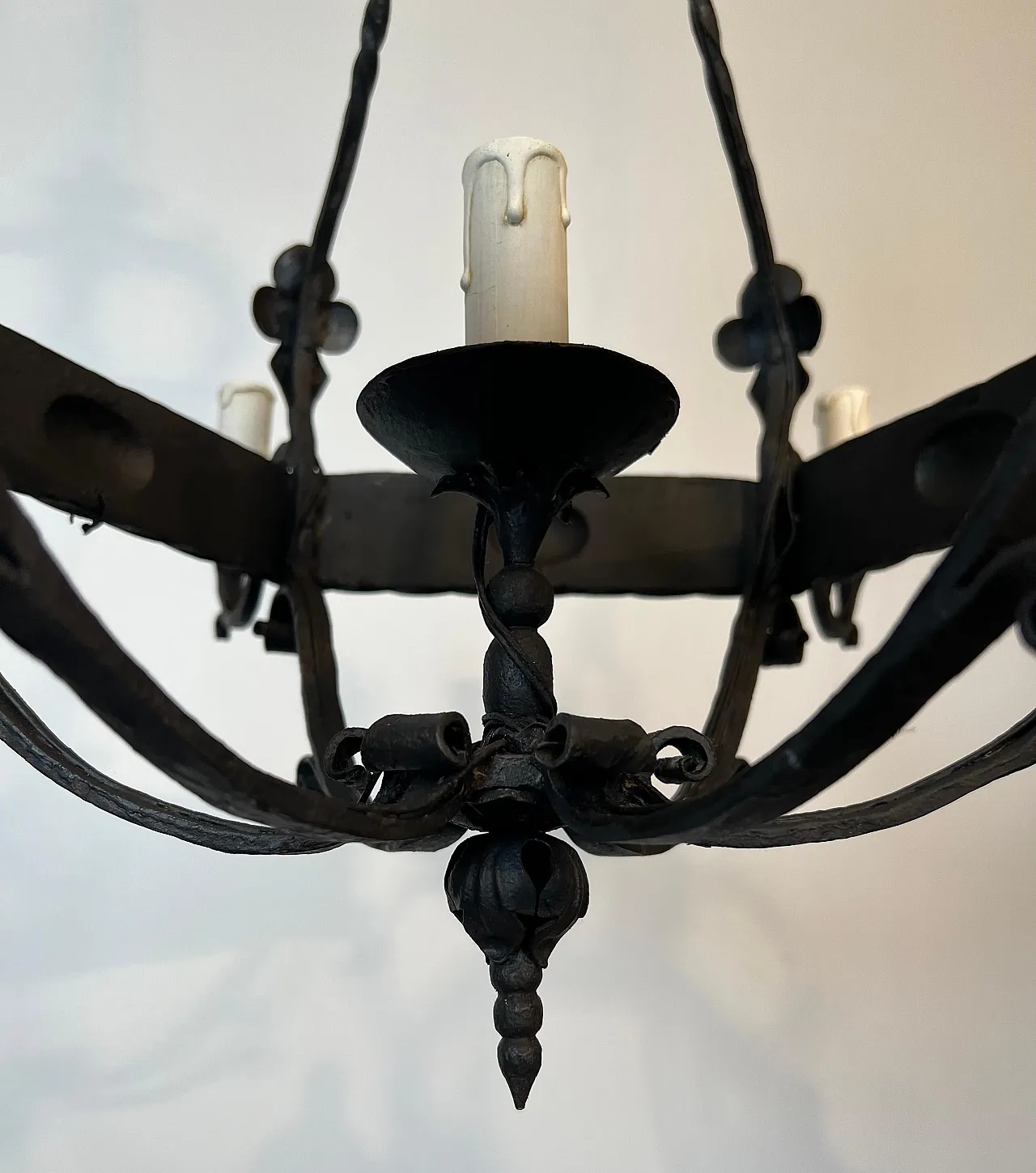 Wrought iron cage chandelier with 7 lights, 1940s 11