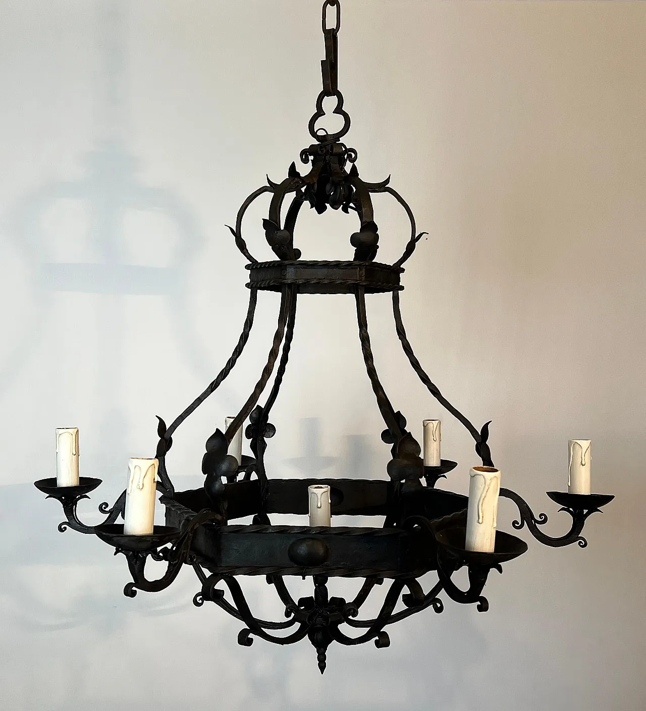 Wrought iron cage chandelier with 7 lights, 1940s 12