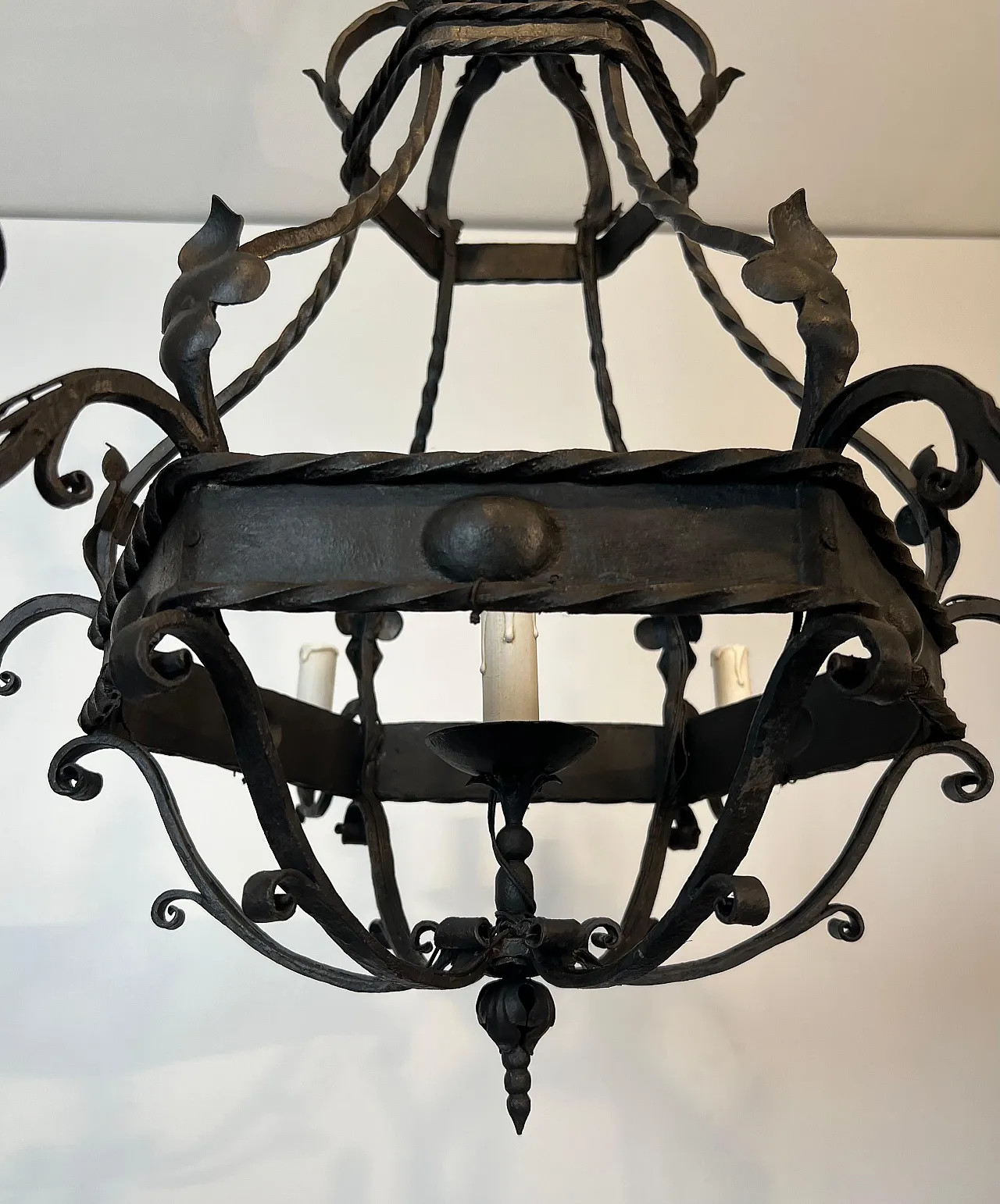 Wrought iron cage chandelier with 7 lights, 1940s 14