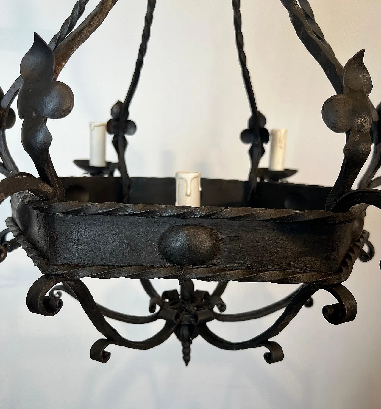 Wrought iron cage chandelier with 7 lights, 1940s 15