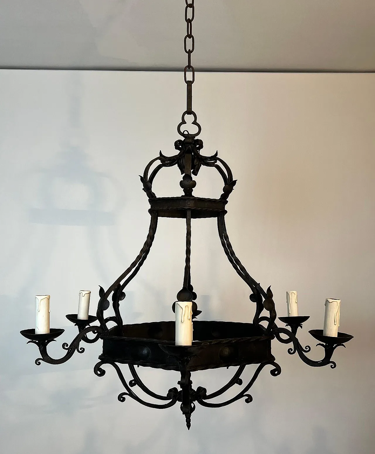 Wrought iron cage chandelier with 7 lights, 1940s 18