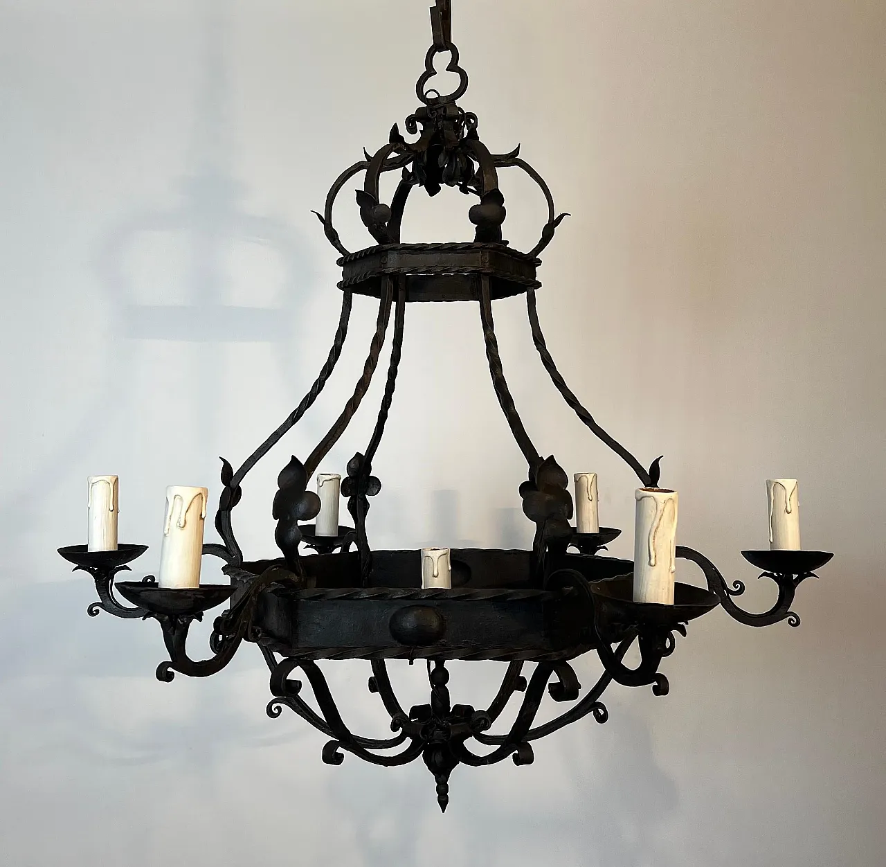 Wrought iron cage chandelier with 7 lights, 1940s 19