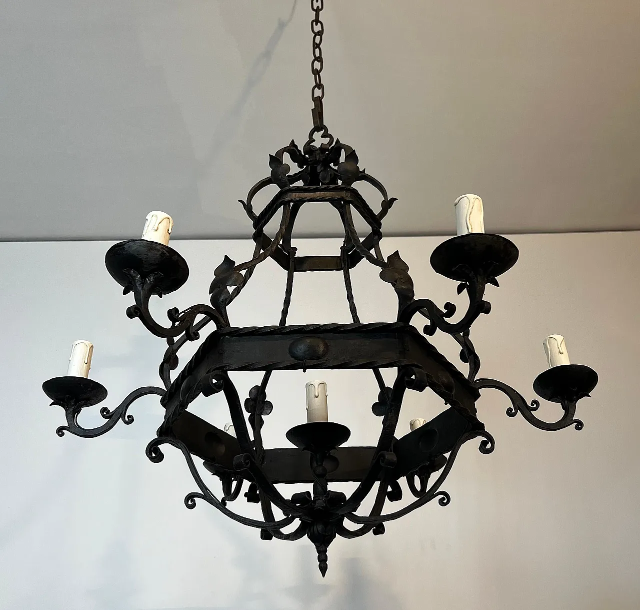 Wrought iron cage chandelier with 7 lights, 1940s 20