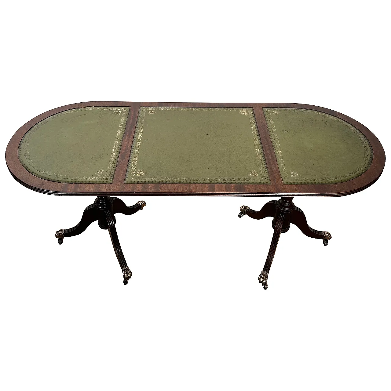 Wooden coffee table with bronze feet and leather, 1940s 1