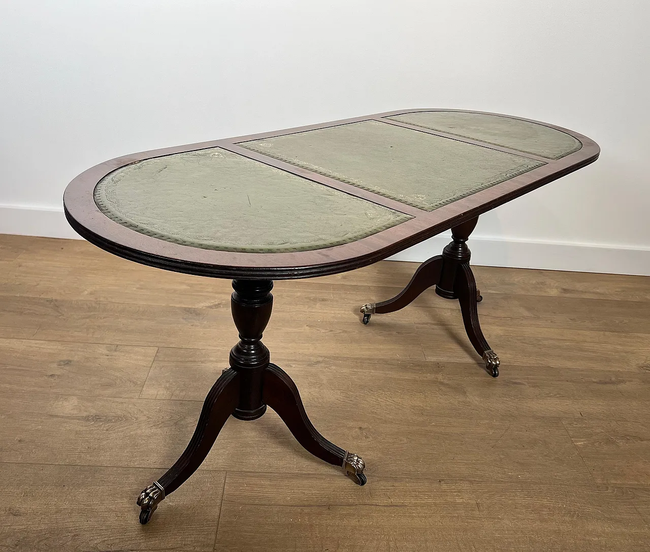 Wooden coffee table with bronze feet and leather, 1940s 3