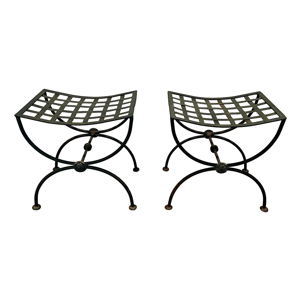 Pair of Curule stools in wrought iron and patinated metal, 1950s 1