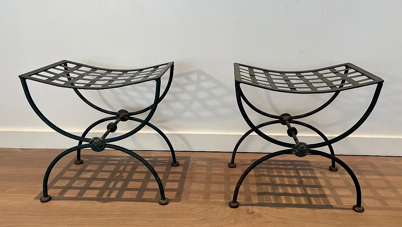 Pair of Curule stools in wrought iron and patinated metal, 1950s 2