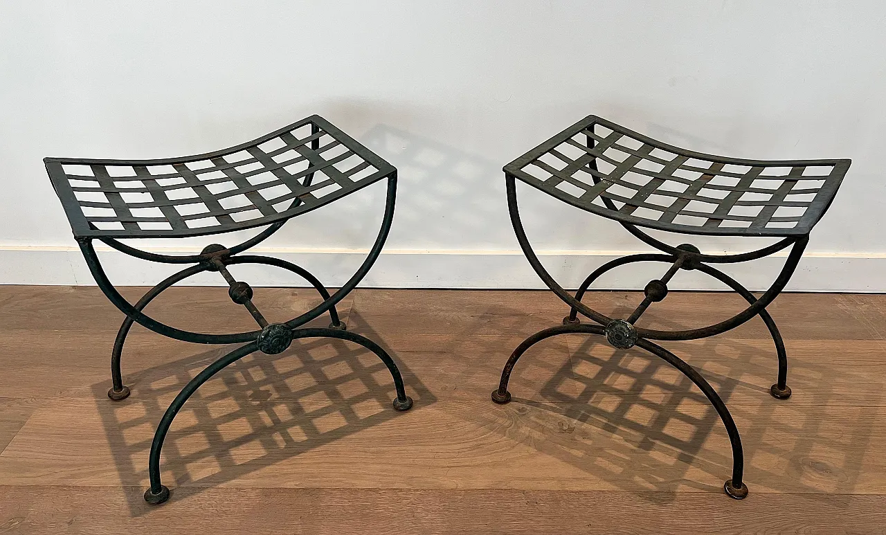 Pair of Curule stools in wrought iron and patinated metal, 1950s 3