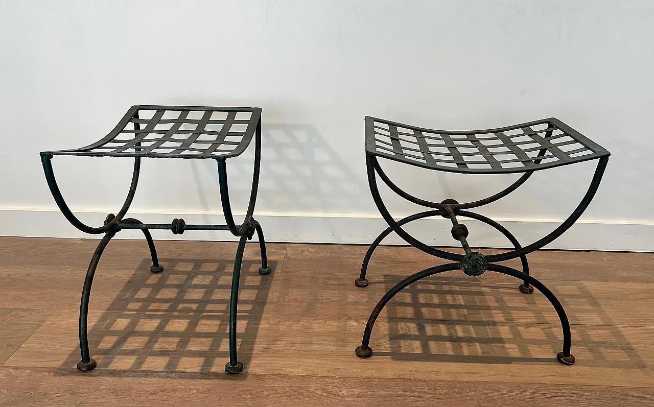 Pair of Curule stools in wrought iron and patinated metal, 1950s 4