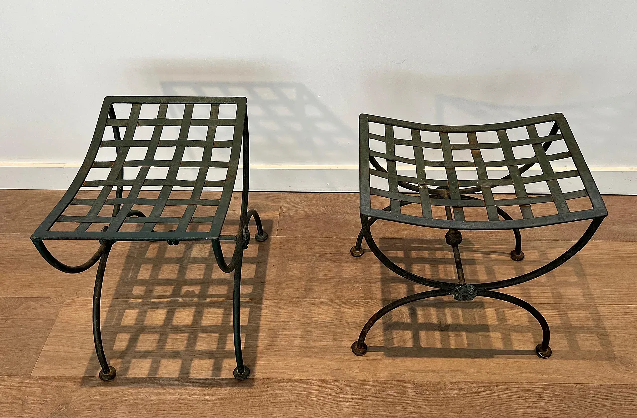 Pair of Curule stools in wrought iron and patinated metal, 1950s 5