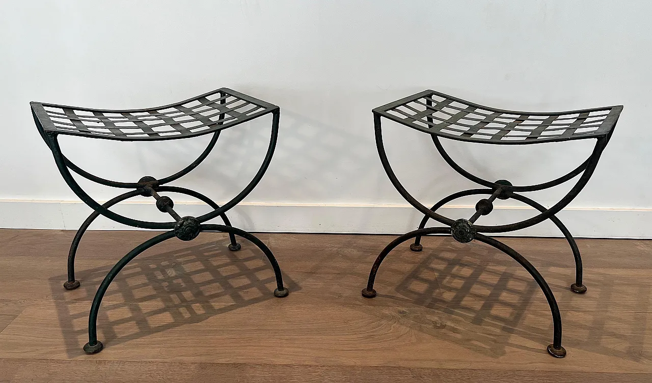 Pair of Curule stools in wrought iron and patinated metal, 1950s 12