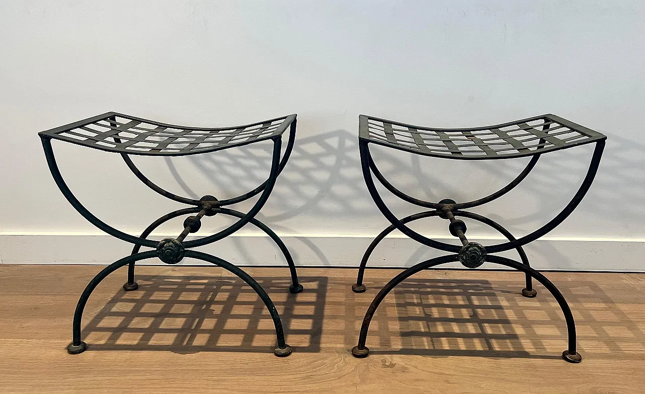 Pair of Curule stools in wrought iron and patinated metal, 1950s 13