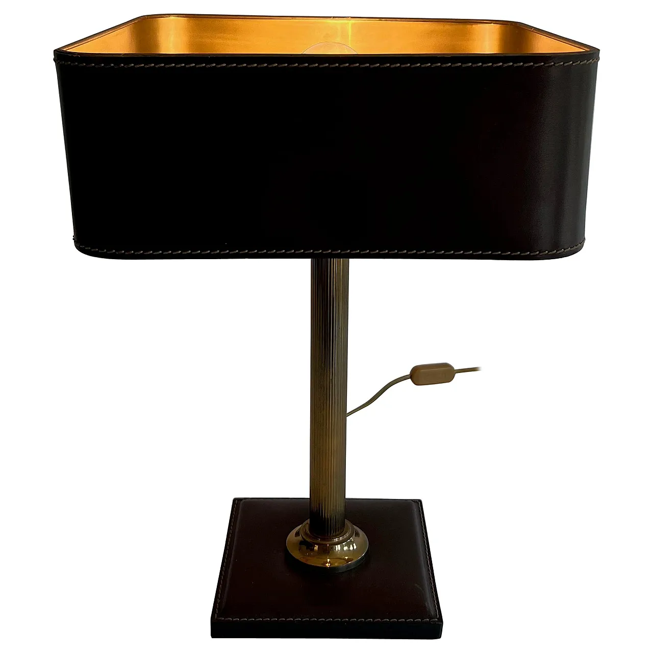 Brown leather and brass desk lamp, 1970s 1