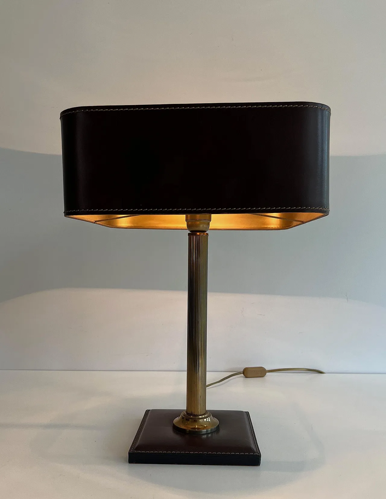 Brown leather and brass desk lamp, 1970s 2