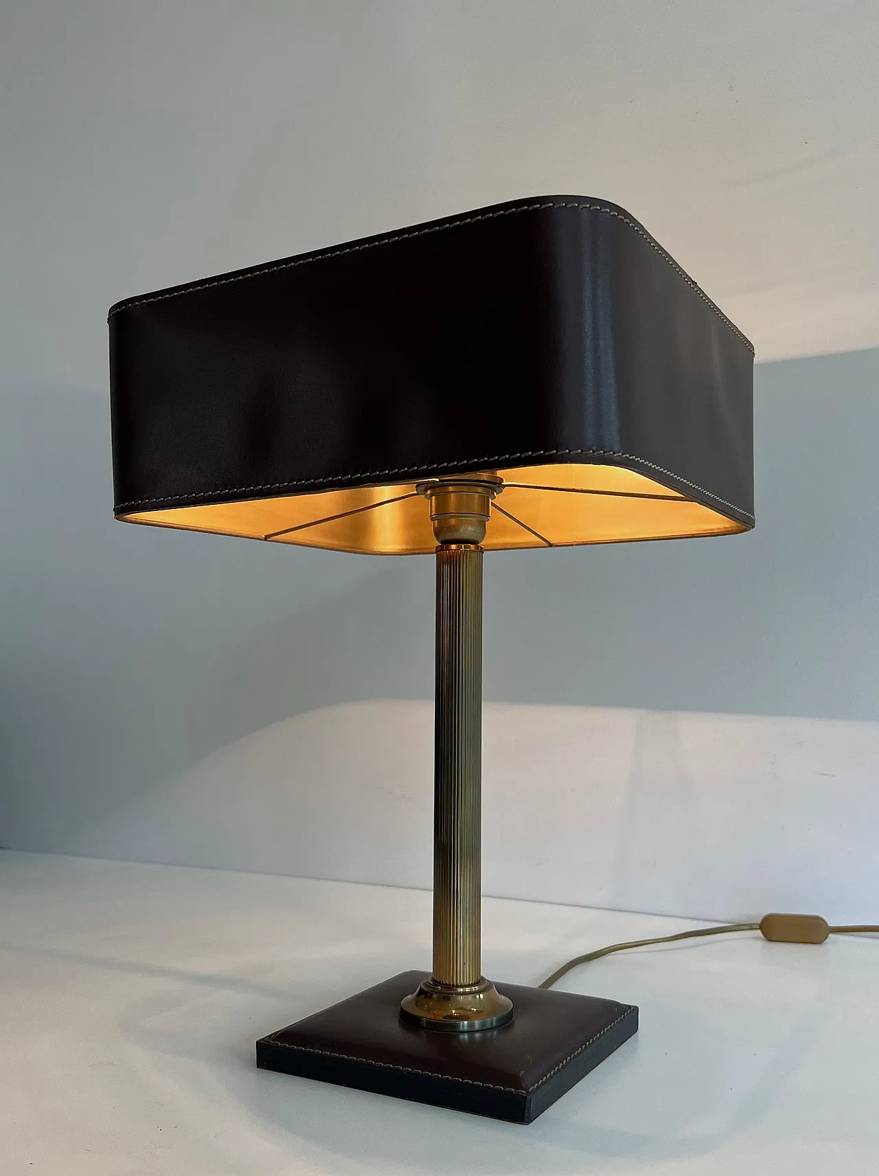 Brown leather and brass desk lamp, 1970s 3