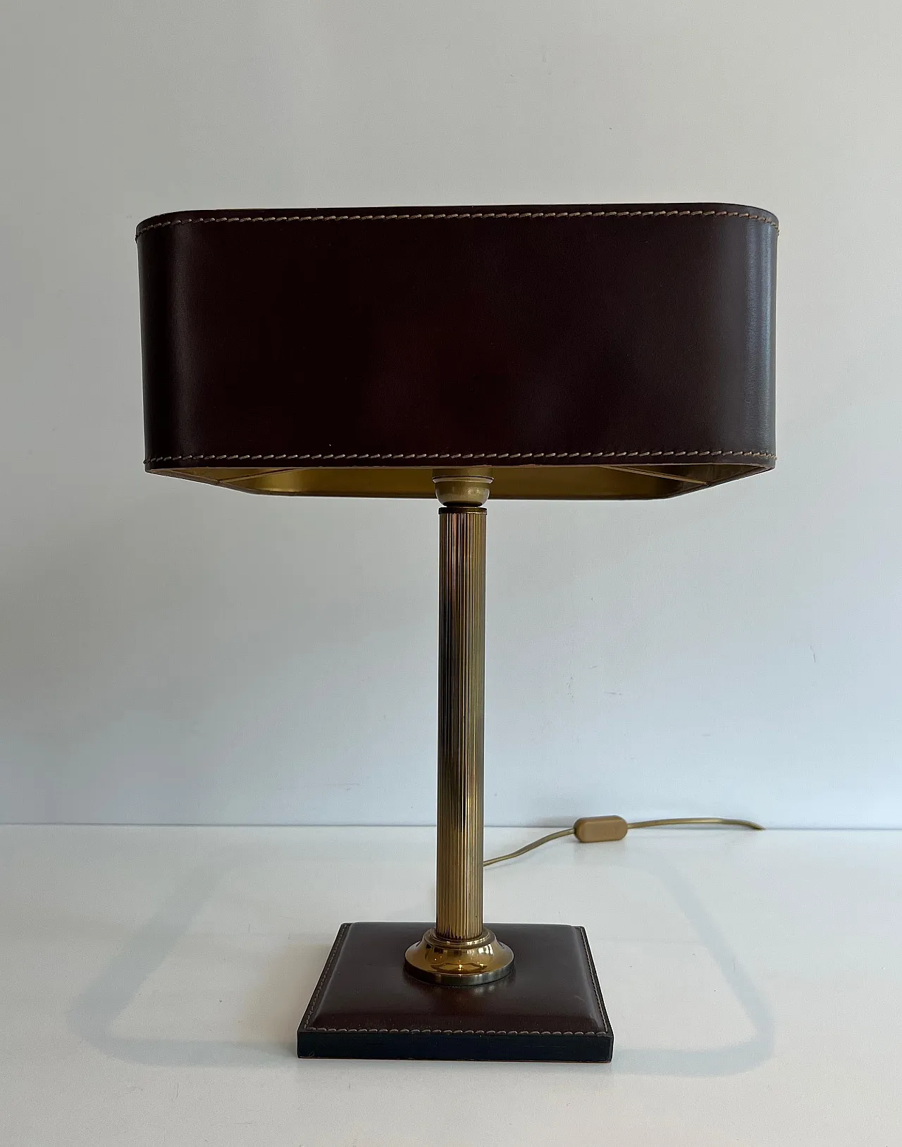 Brown leather and brass desk lamp, 1970s 4