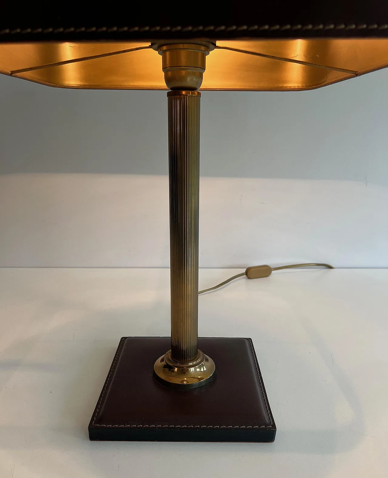 Brown leather and brass desk lamp, 1970s 5