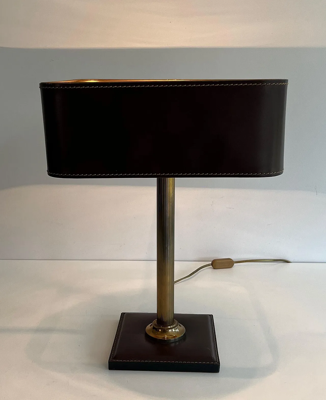 Brown leather and brass desk lamp, 1970s 13