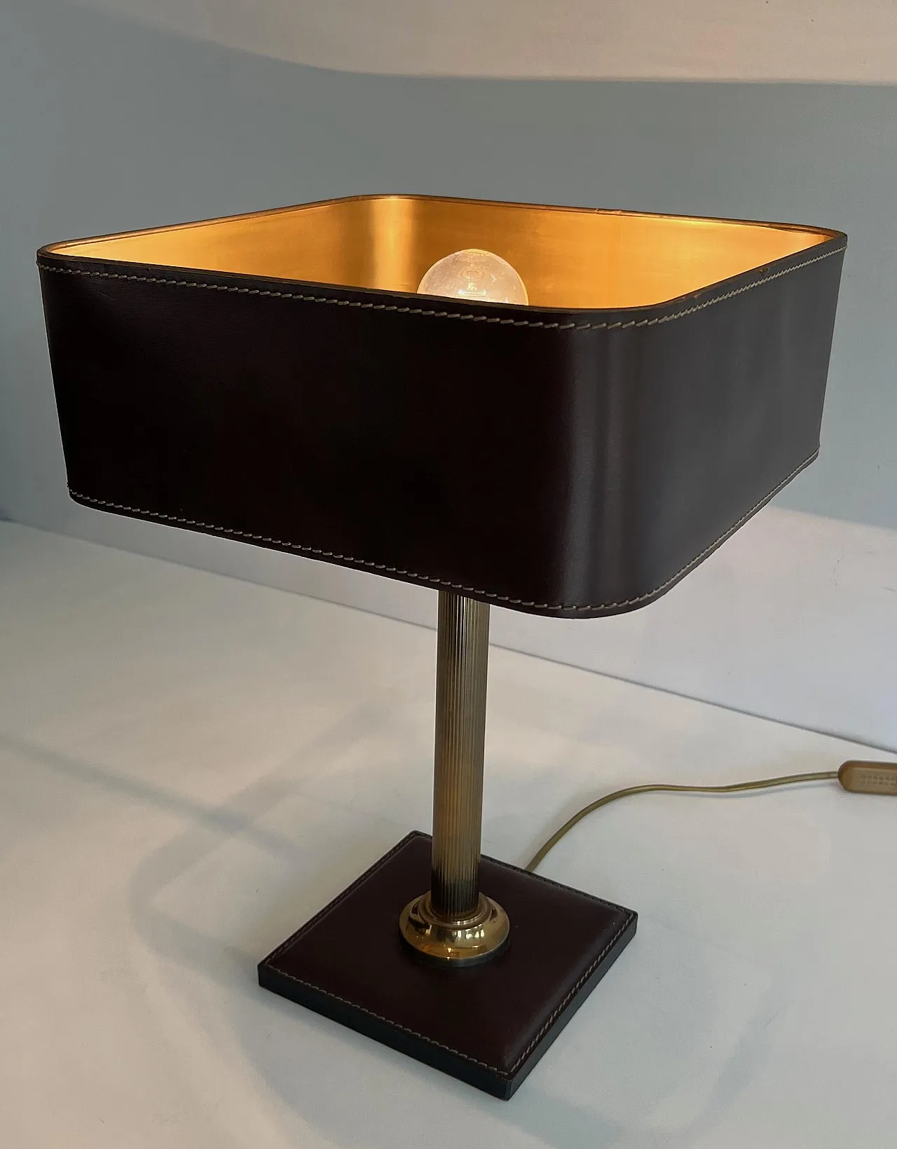 Brown leather and brass desk lamp, 1970s 14