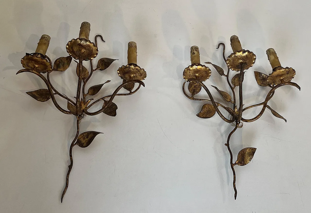 Pair of 3-light gilded metal wall sconces with leaves, 1970s 3