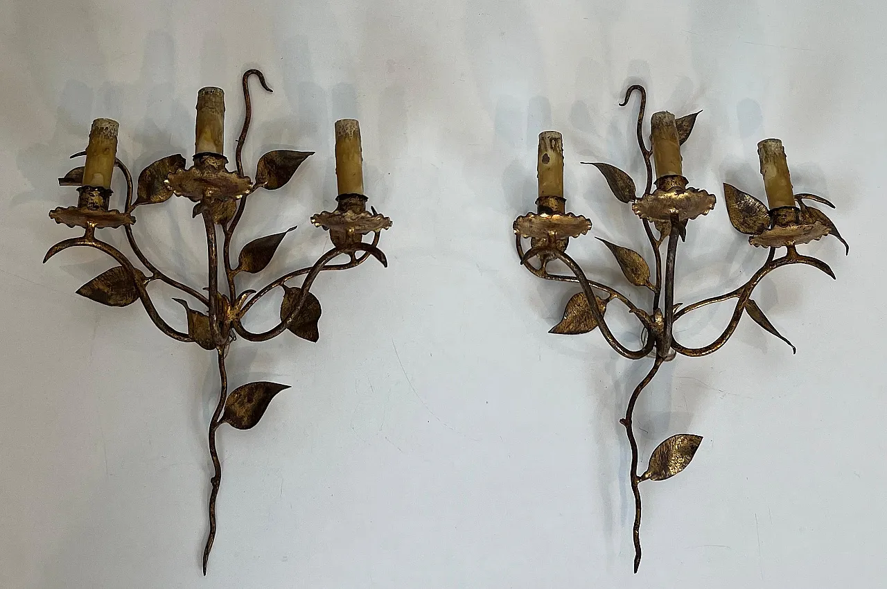 Pair of 3-light gilded metal wall sconces with leaves, 1970s 11