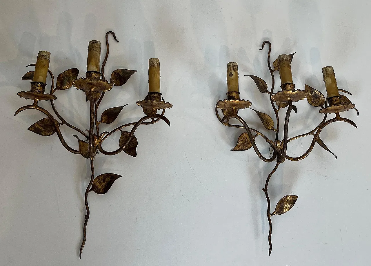 Pair of 3-light gilded metal wall sconces with leaves, 1970s 12