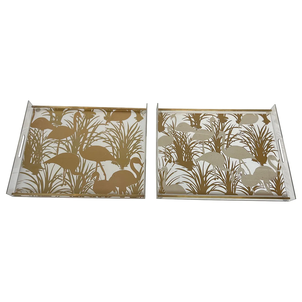 Pair of lucite and brass trays with gilded birds, 1970s 1