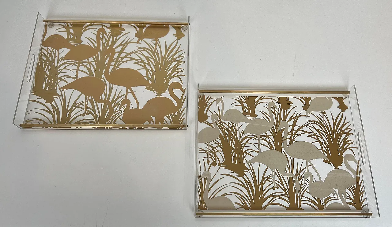 Pair of lucite and brass trays with gilded birds, 1970s 2