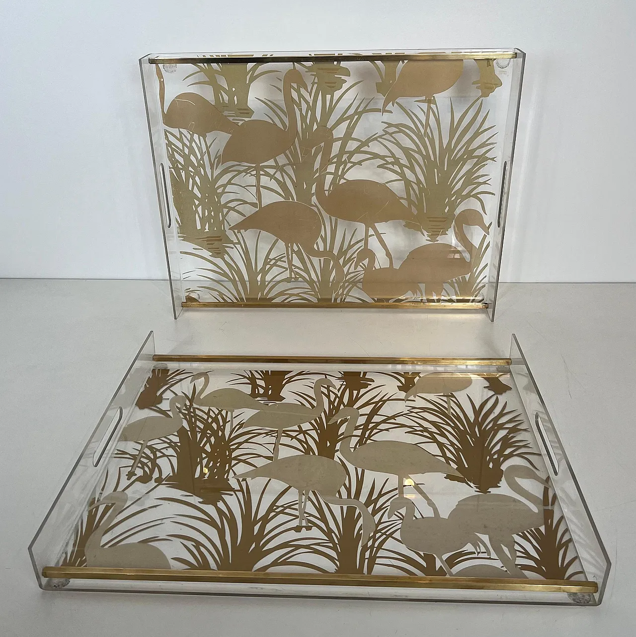 Pair of lucite and brass trays with gilded birds, 1970s 3