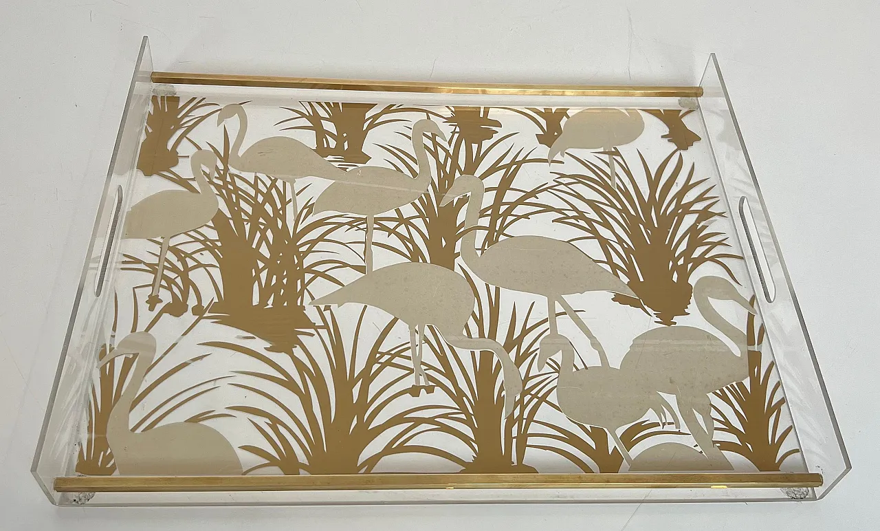 Pair of lucite and brass trays with gilded birds, 1970s 5