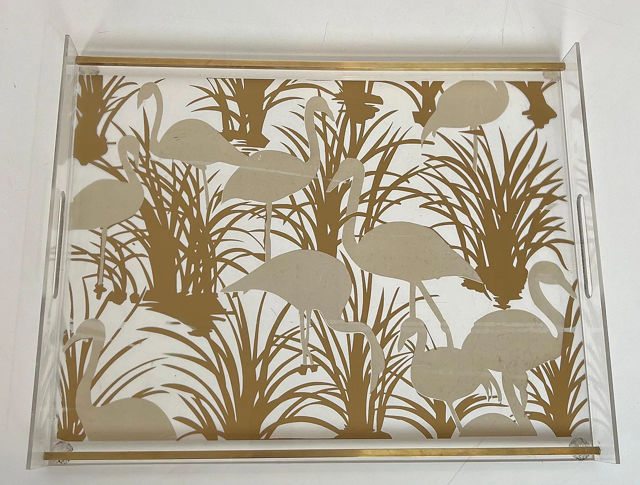 Pair of lucite and brass trays with gilded birds, 1970s 6