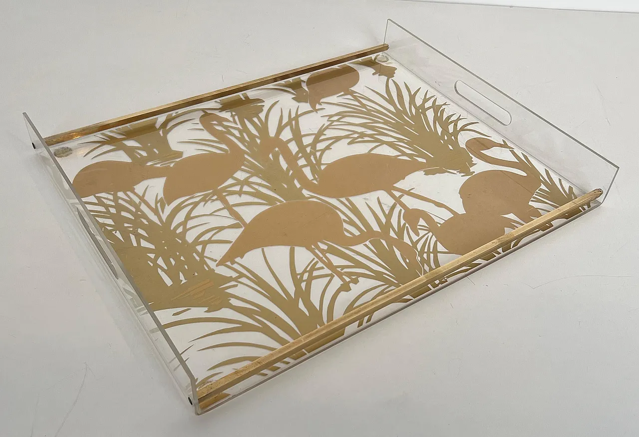 Pair of lucite and brass trays with gilded birds, 1970s 7