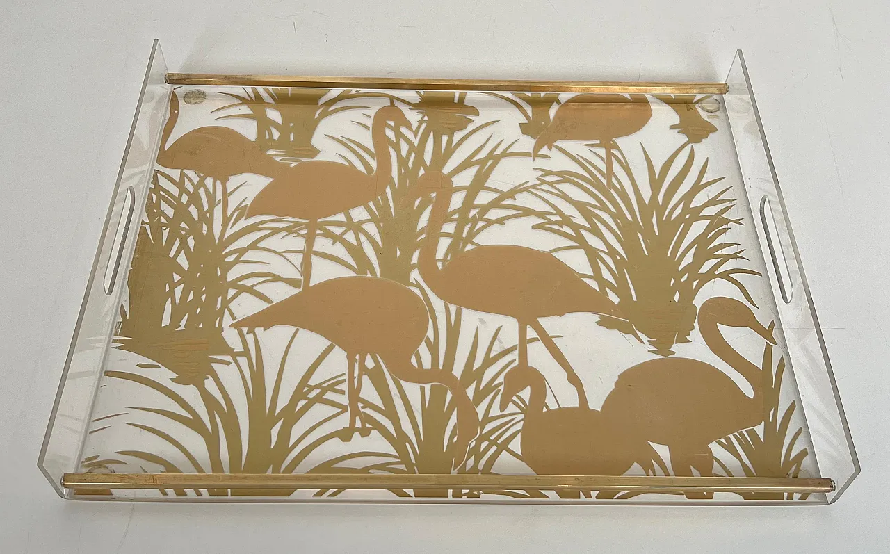 Pair of lucite and brass trays with gilded birds, 1970s 8