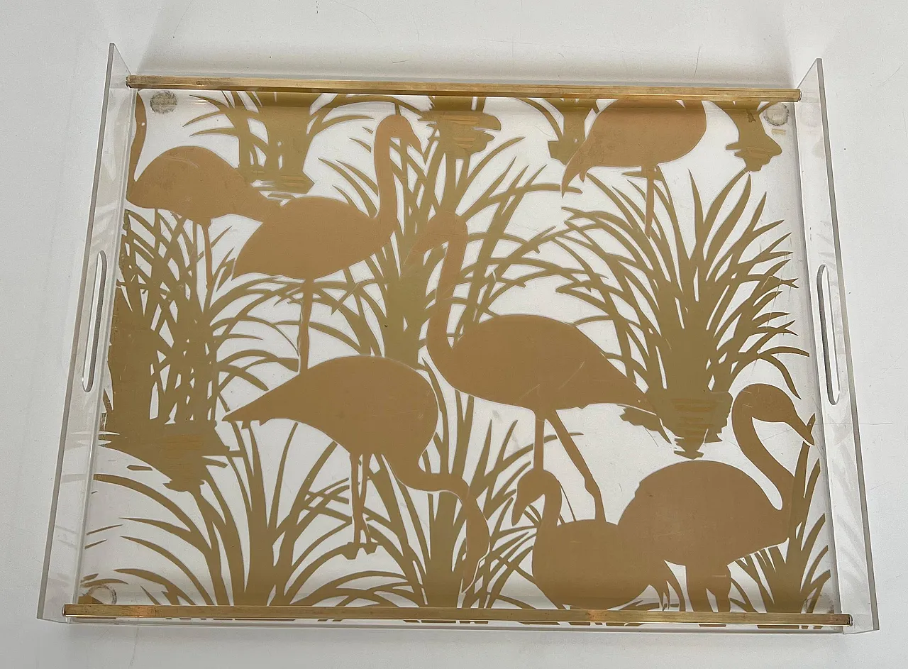 Pair of lucite and brass trays with gilded birds, 1970s 9