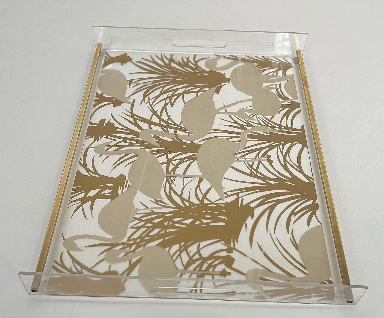 Pair of lucite and brass trays with gilded birds, 1970s 10