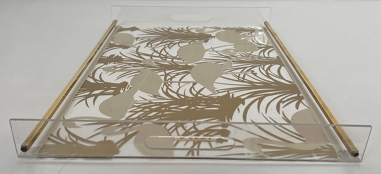 Pair of lucite and brass trays with gilded birds, 1970s 11