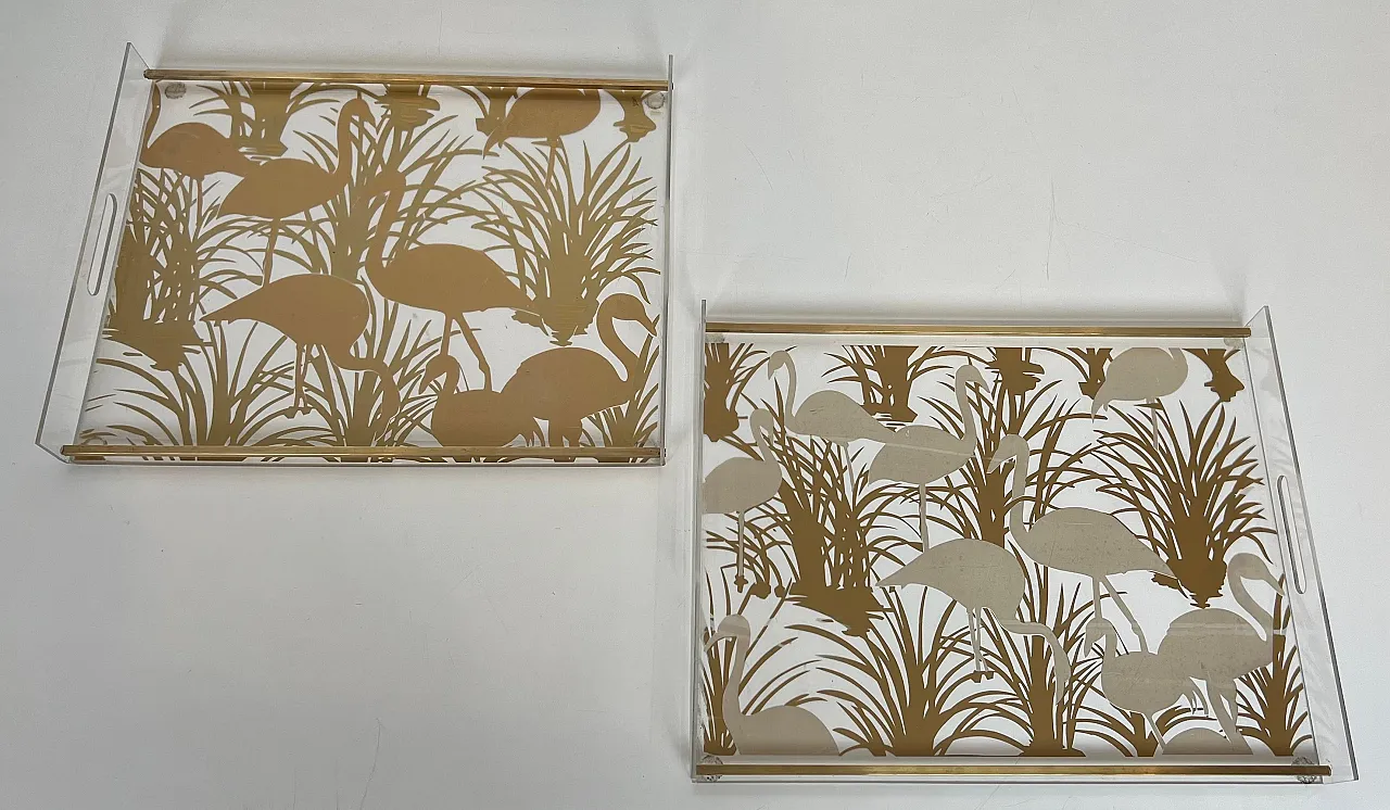 Pair of lucite and brass trays with gilded birds, 1970s 12