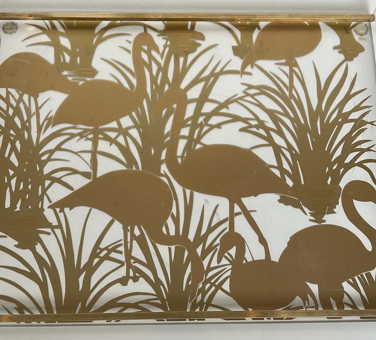 Pair of lucite and brass trays with gilded birds, 1970s 14