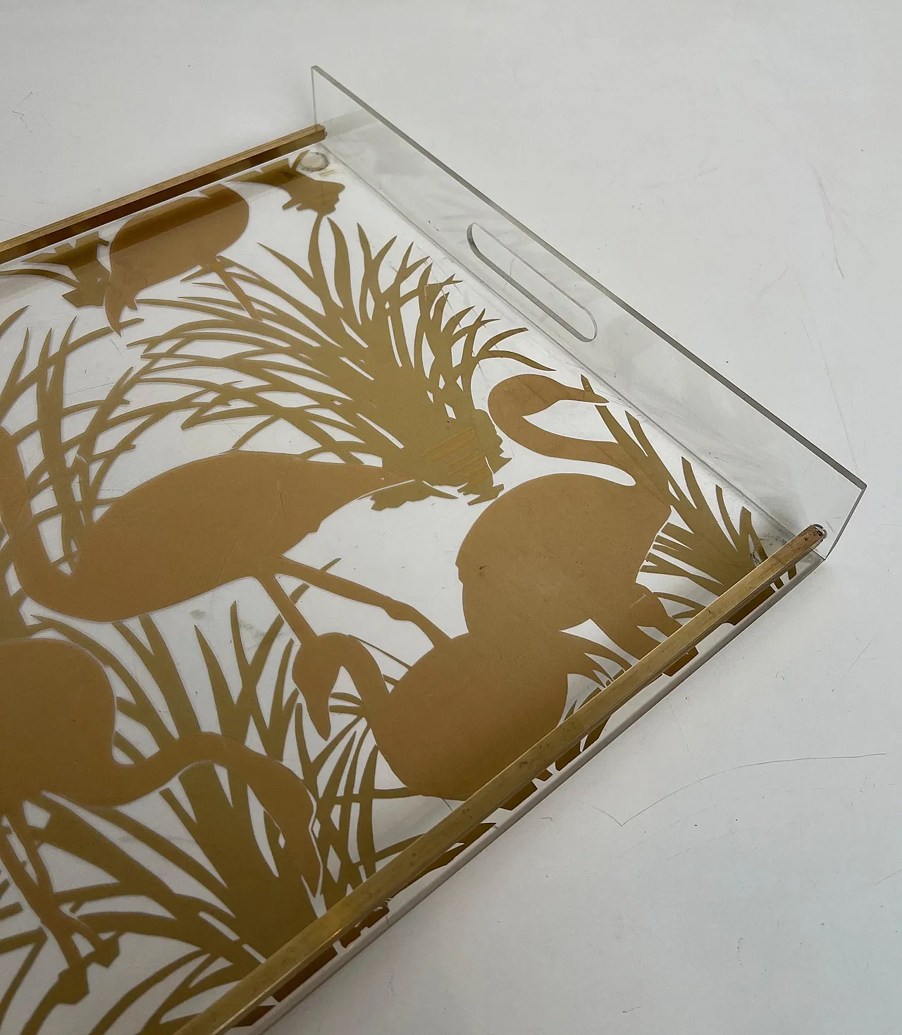 Pair of lucite and brass trays with gilded birds, 1970s 15