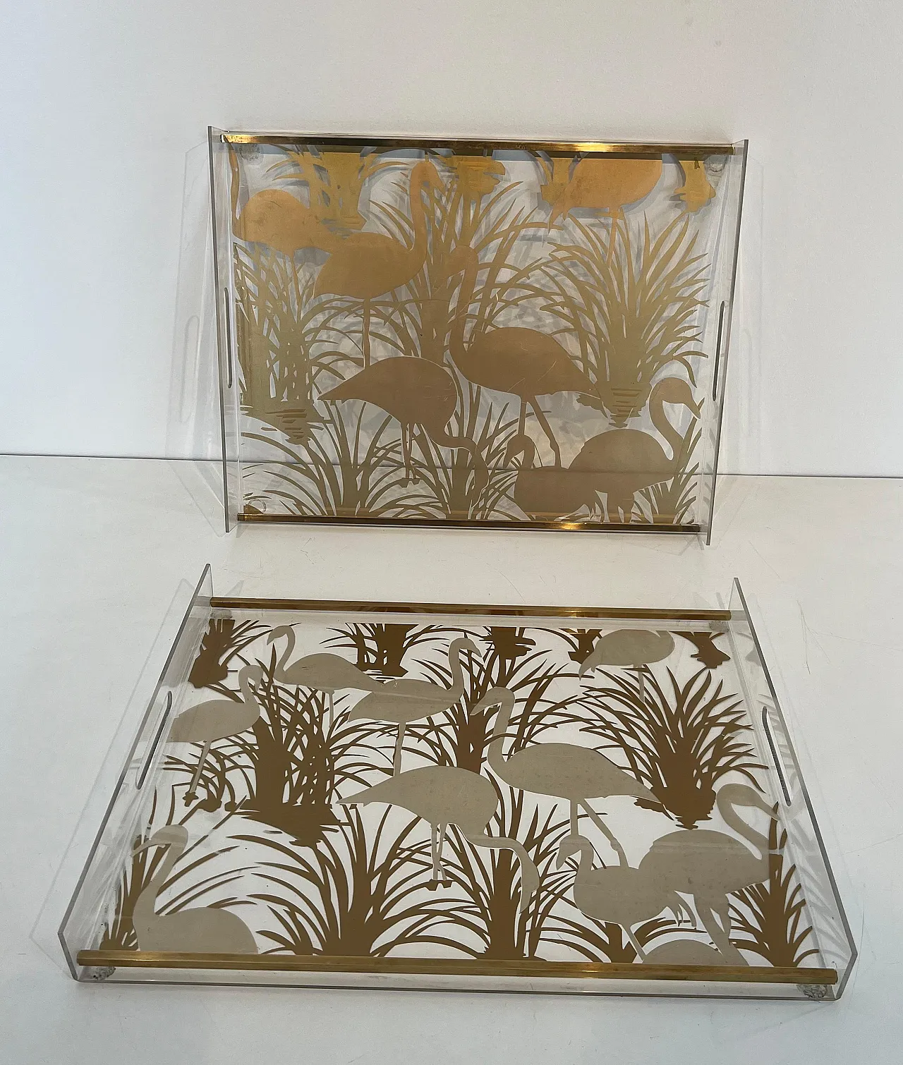 Pair of lucite and brass trays with gilded birds, 1970s 18