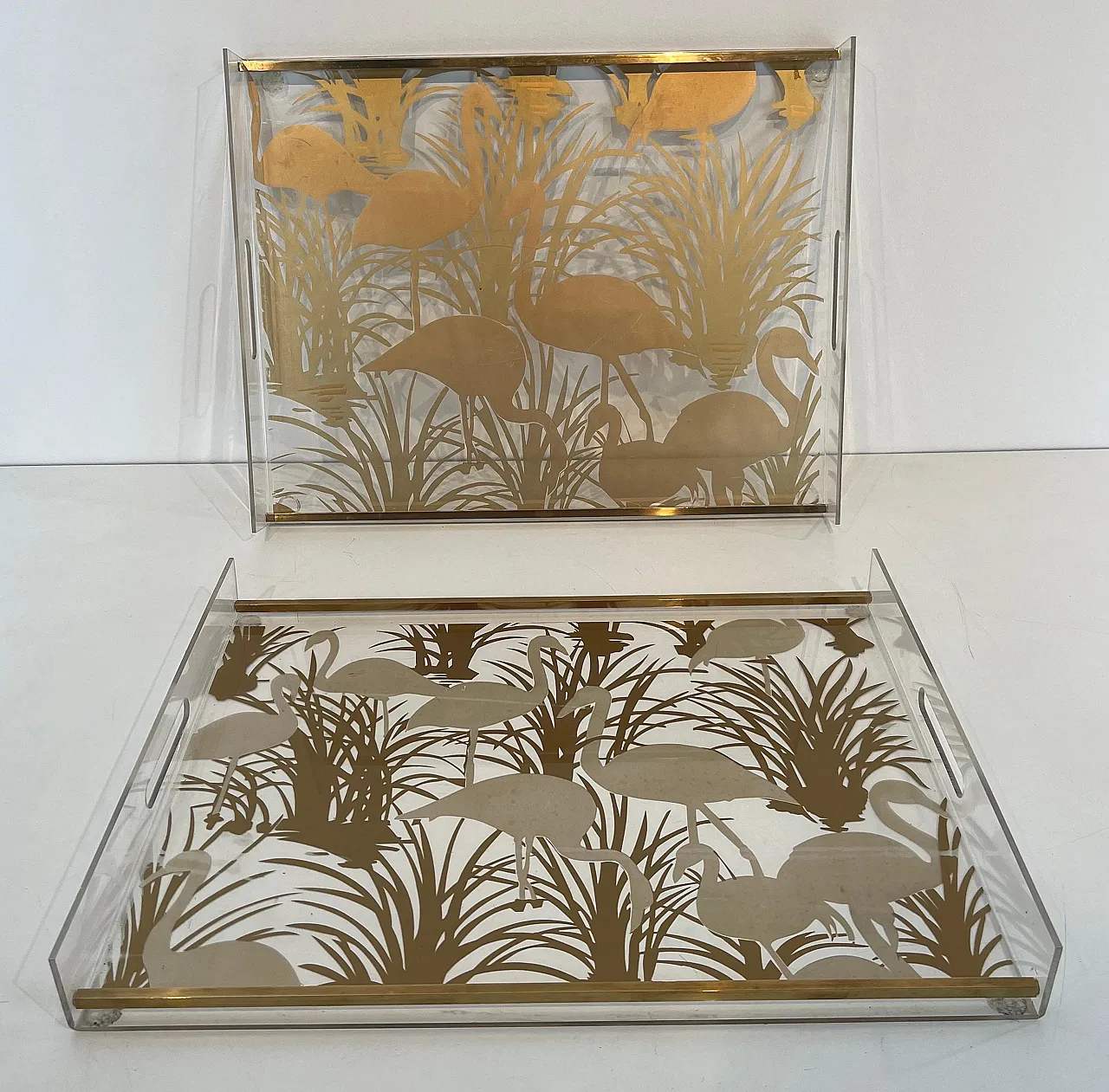 Pair of lucite and brass trays with gilded birds, 1970s 19