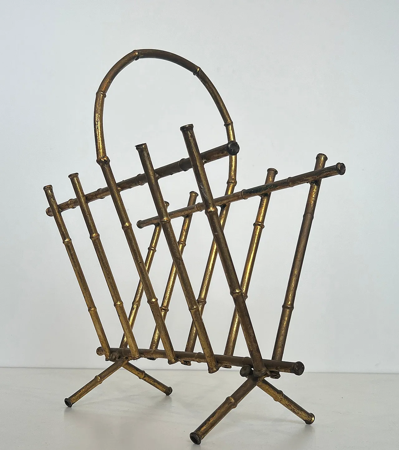 Gilded metal magazine rack in imitation bamboo style, 1940s 2