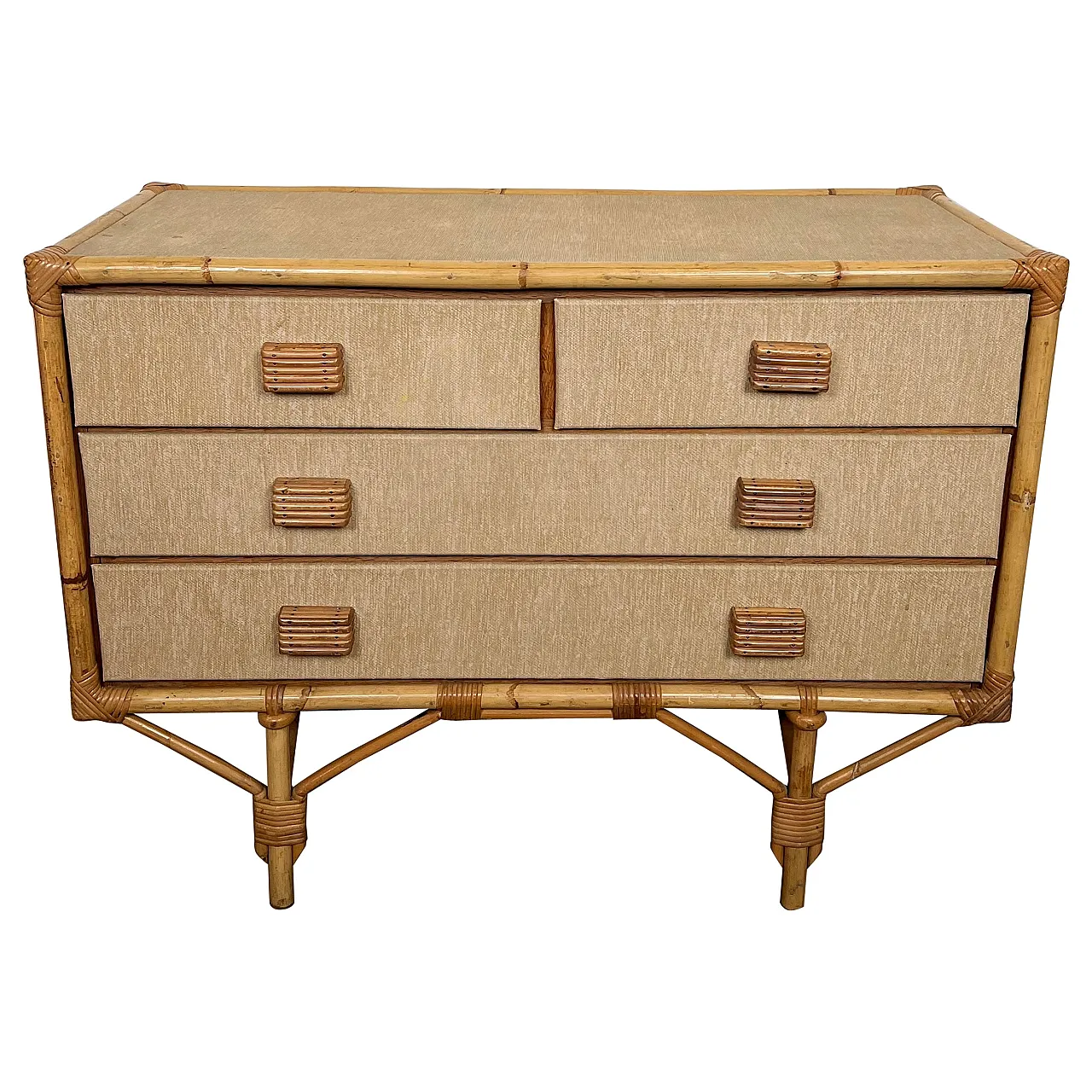 Bamboo, rattan, wood and raffia chest of drawers by Audoux Minet, 1950 1