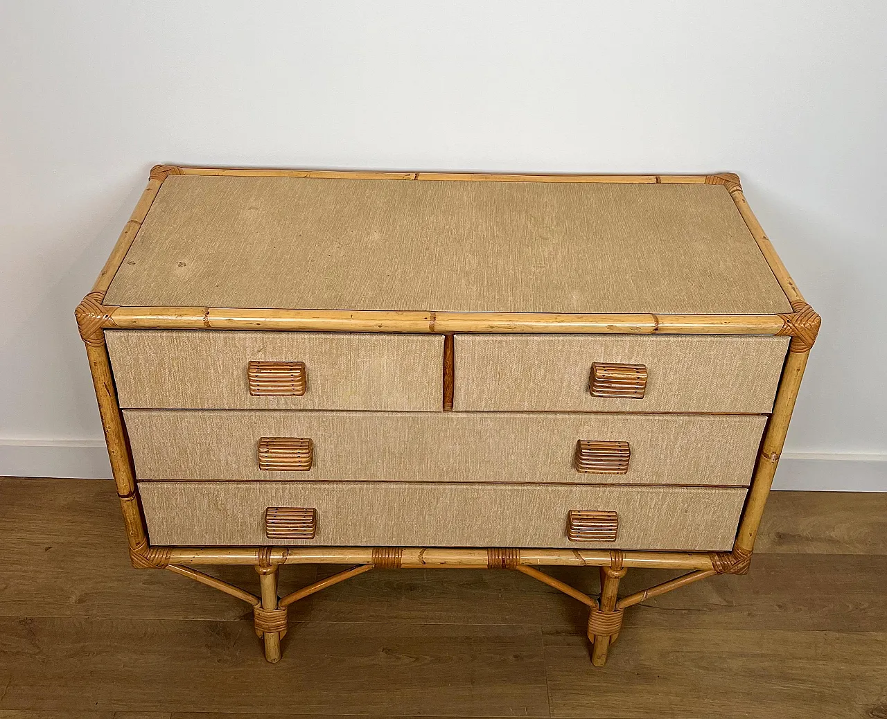 Bamboo, rattan, wood and raffia chest of drawers by Audoux Minet, 1950 2