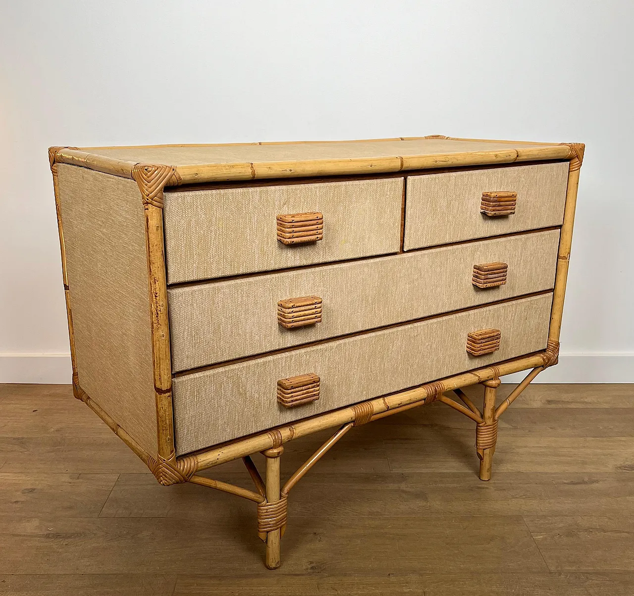 Bamboo, rattan, wood and raffia chest of drawers by Audoux Minet, 1950 4