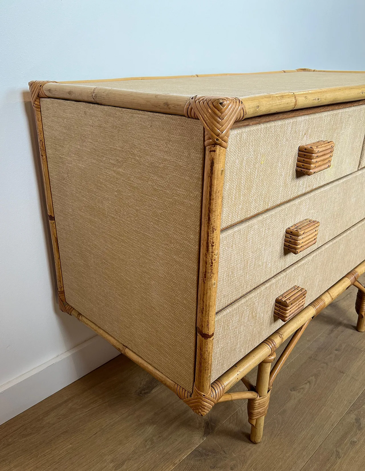 Bamboo, rattan, wood and raffia chest of drawers by Audoux Minet, 1950 5